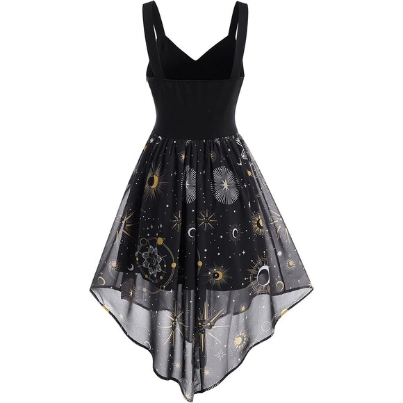 FEAPHY Witchy Dress XXL  Black Galaxy Sun Moon Star Chiffon High Low Costume - Picture 3 of 7
